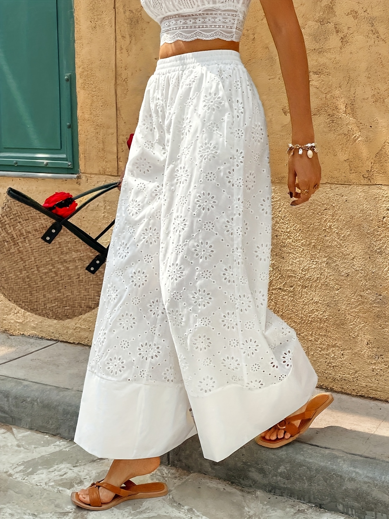 pantalones anchos encaje casual mujer bordado floral Temu Uruguay