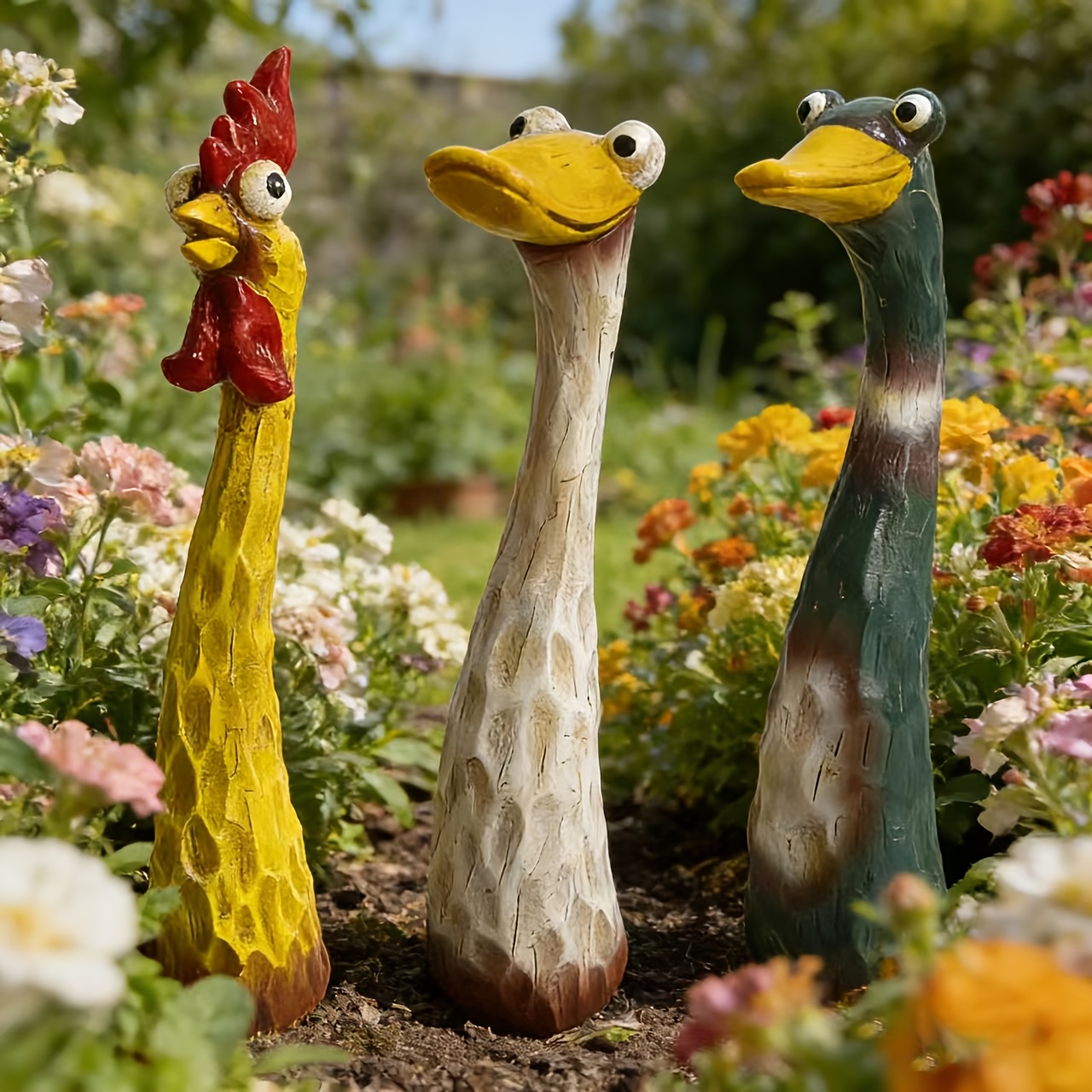 E-shop Rustikale Harz-Statuen von schreiendem Huhn & Gans – Outdoor-/Gartendekoration geeignet für Rasen – Realistische Hahn- & Gans-Figuren (ohne