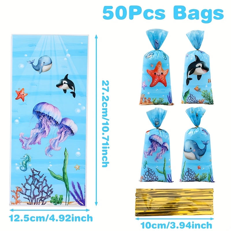 TEMU 50pcs Of Gift Bags Featuring Marine Creatures Such As Whales, Sharks, Jellyfish, And Starfish, Birthday Celebrations, Baby Showers, Ocean-themed