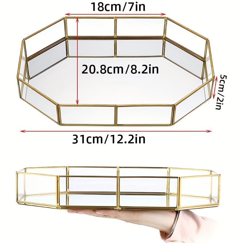 TEMU Mirror Glass Vanity Tray - Golden Ornate Makeup Vintage Octagonal Perfume Dresser Jewelry Trinket Organizer For Bathroom Storage Home Decor,