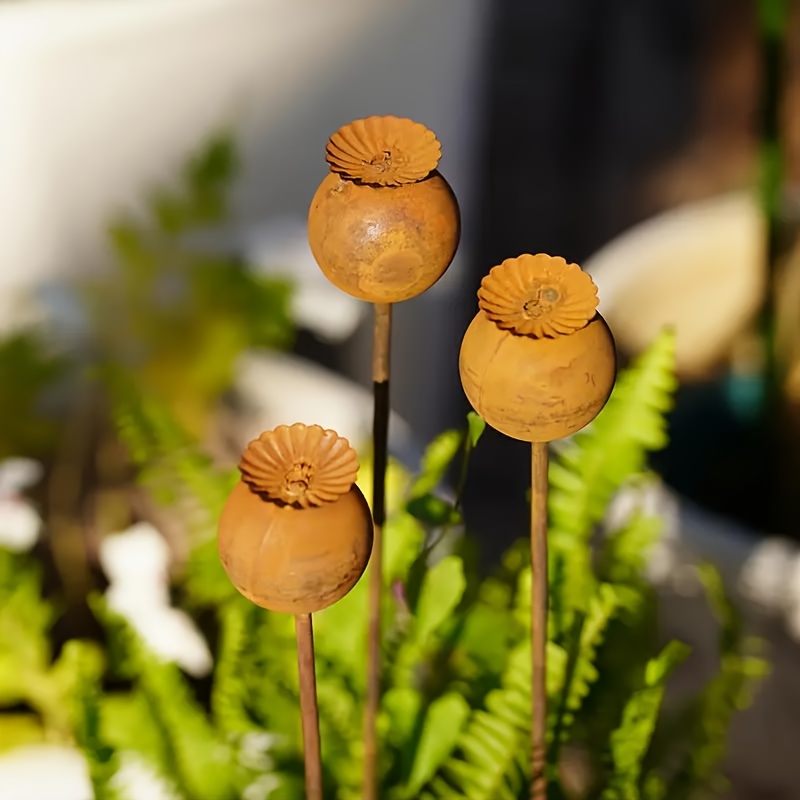 Image of 1/3pcs Vintage Rusty Metal Plant Outdoor Statue Set With Rusty Metal Flower Head Bed Decor Stakes - Ideal For Rustic Courtyard, Lawn, Front Door, And Garden Decor, Gift For Family, , And Colleagues