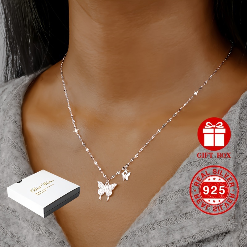 925 Sterling Silver Hypoallergenic Women's Necklace Butterfly Pendant  Clavicle Chain Neck Jewelry Gift