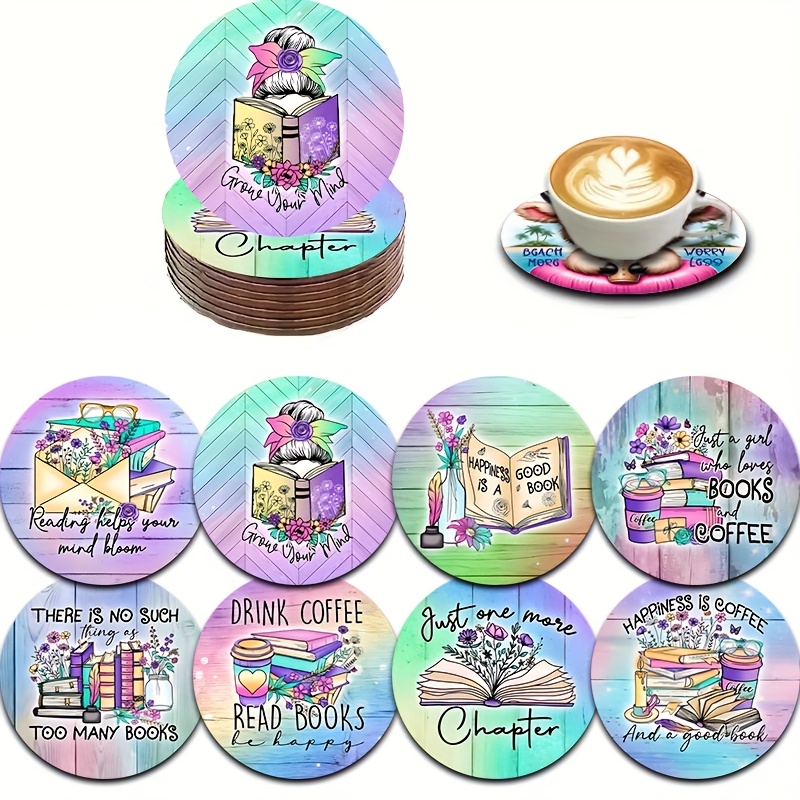 TEMU 8pcs Book-themed Wooden Coasters Set - Vibrant Illustrations Of Books, Coffee, And Flowers - Ideal For Home, Office, Or Gift For Book Lovers,