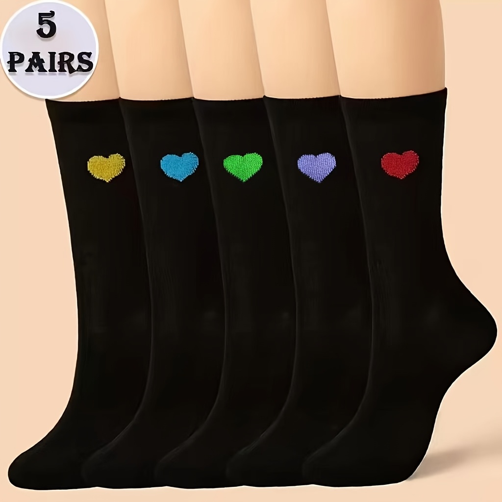 TEMU 5 Paires de Chaussettes Tubes Mi-Longues Noires pour Femmes, Printemps et Automne, Collection Colorée, Style Tendance Polyvalent et Avancé,