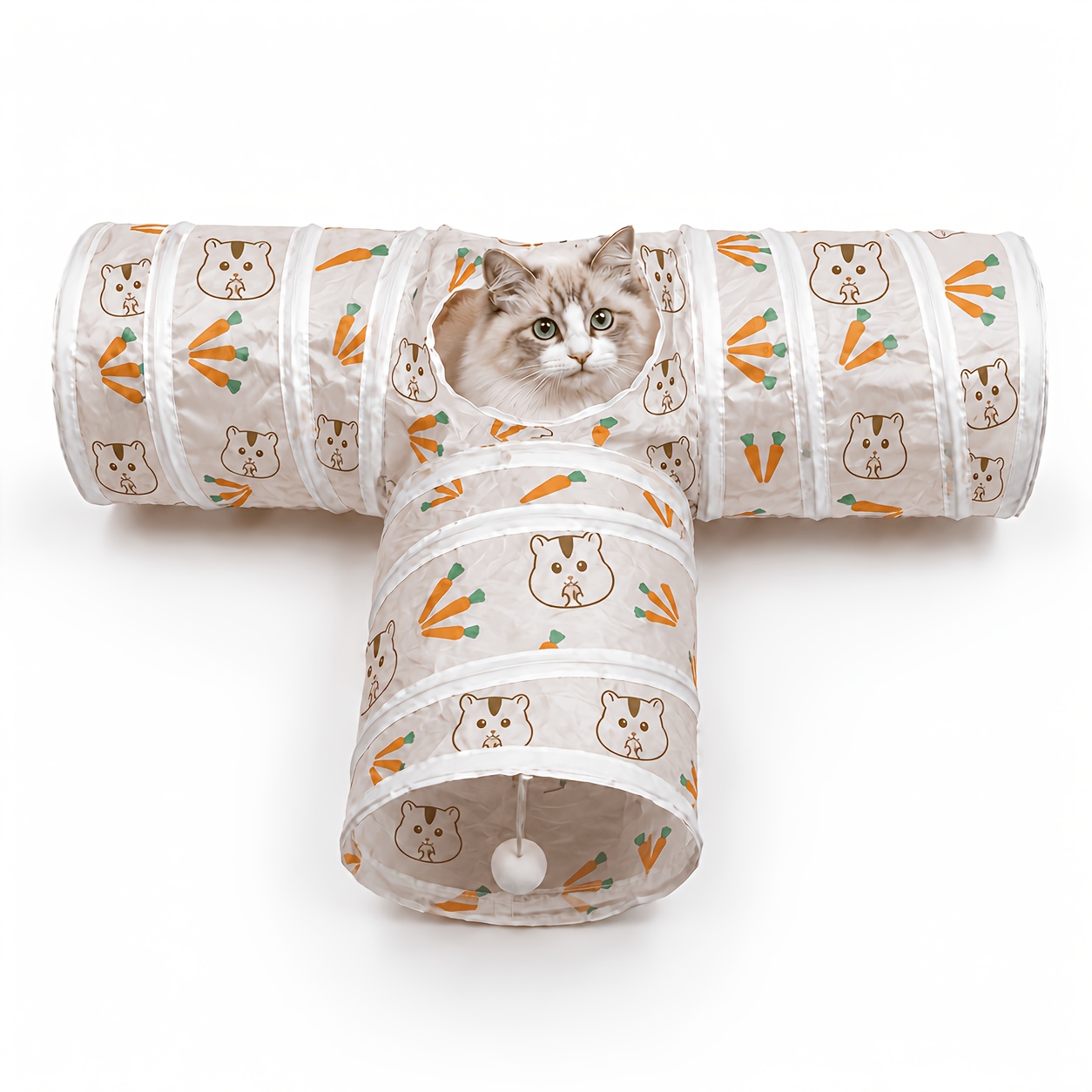 TEMU 3-way Cat Rabbit Tunnel Toy, Collapsible Bunny Play Tunnel With Hanging Ball, Cute Carrot Print Indoor Hideout Tunnel For Small Pets