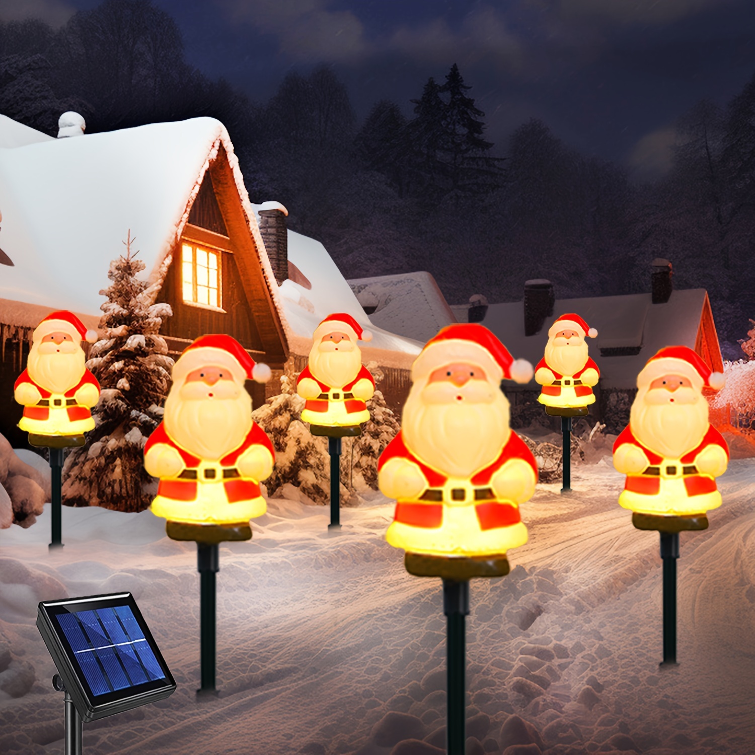 

6-pack Solar-powered Christmas Santa Claus Pathway Lights, Ip65 Waterproof Plastic Garden Stake Lamps With Button Control, Semi-embedded Installation, Energy-efficient Outdoor Decorative Lighting