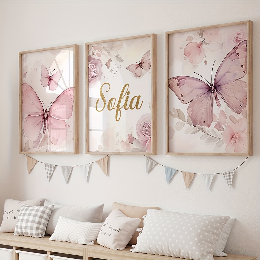 2d  , 2d  , 3 piezas   personalizado   de     de pared póster   de pared rosa y       florales personalizado   de pared personalizado pintura   estilo bohemio sin   guardería dormitorio   decoración de habitación de niñas regalo