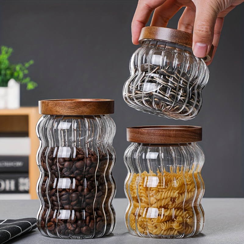 

3-piece Glass Food Storage Jars With Wooden - High Borosilicate Glass, Sealed, Kitchen-use, Tea, Coffee, Beans, Candies, Clear, Large, Medium,