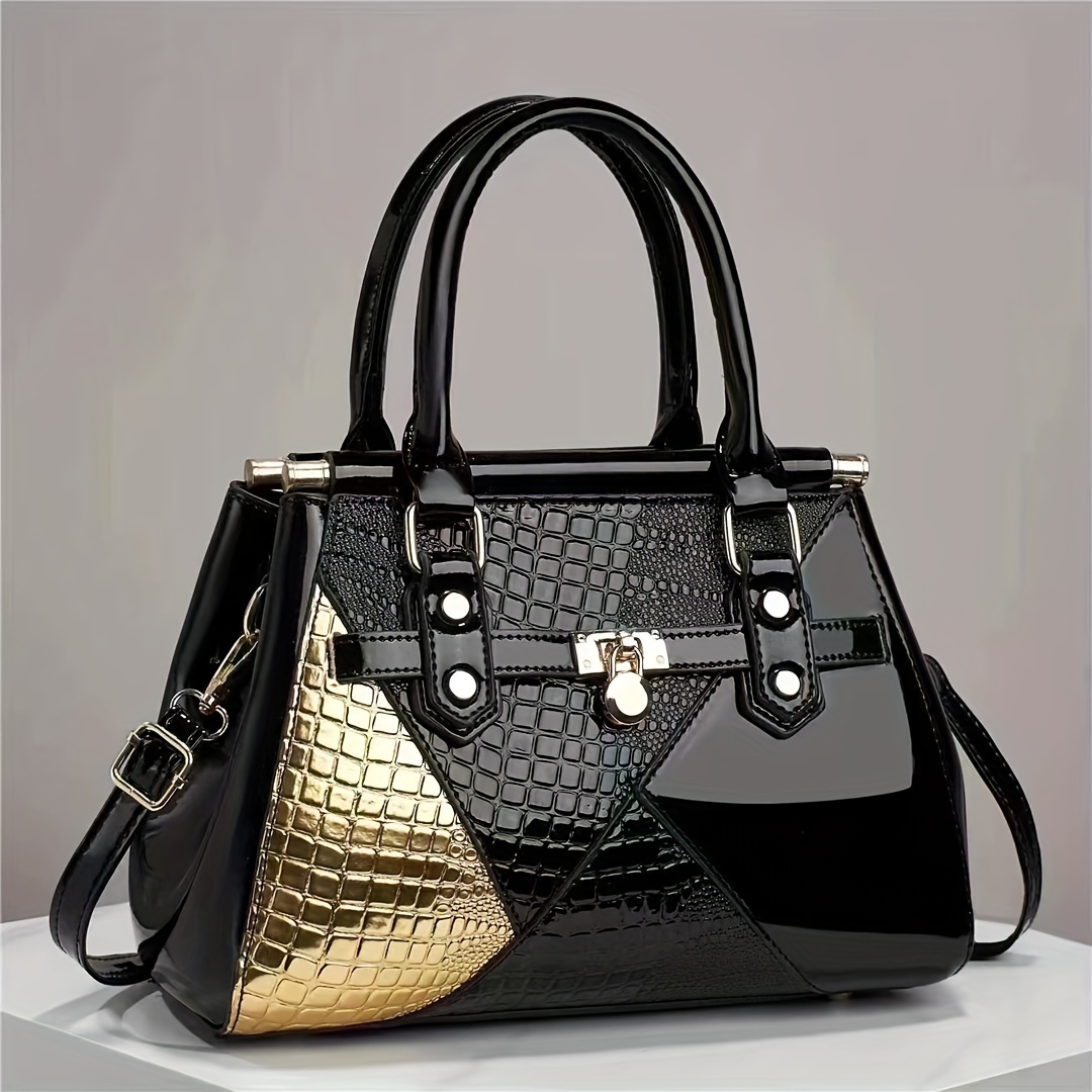 

Bright Crocodile Pattern Handbag, Luxury Patchwork Satchel Purse, Fashion Crossbody Bag For Women