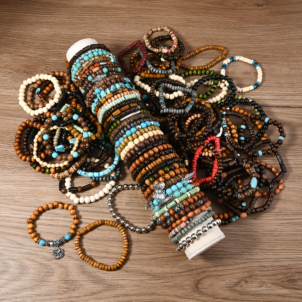 TEMU 36 pièces de perles en bois décoratives bohèmes papillon et plume cactus multicolores, bracelet adapté aux hommes et femmes pour un usage ,
