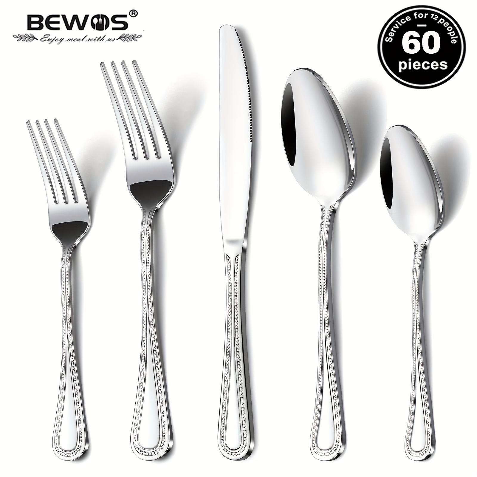 

60 Pieces Silverware Set For 12, Pearl Embellished Stainless Steel Cutlery Set, Highly Mirror Polished Flatware, Includes Forks Spoons Knives Silverware, Kitchen Utensils Set, Dishwasher Safe