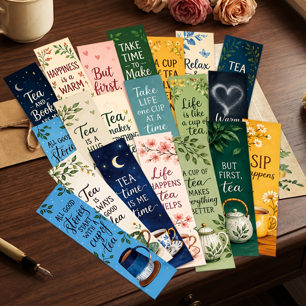 TEMU Set di 20 segnalibri per tazze da t癡 con citazioni di t癡, rami di fiori, macaron , e , 5.9 X 1.57 pollici, e di tendenza, per libri di nicchia,