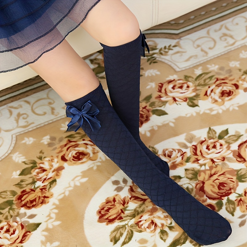 TEMU 1 Pair Girls' Grid Pattern Leg Warmers - Soft Polyester Solid Color With Blue Ribbon Bow, Hand Wash Dance, Playtime & Casual Wear-image-17601177966453