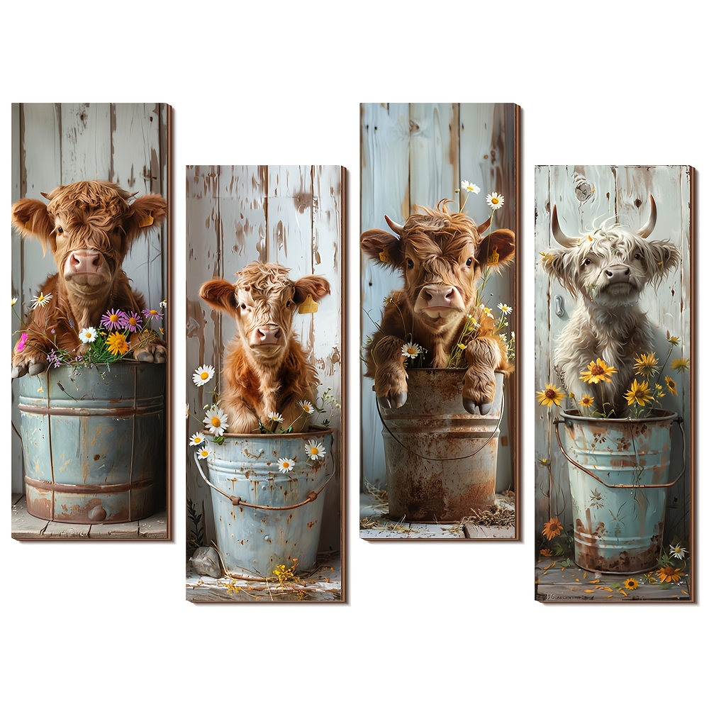 TEMU Wall Decor 4pcs Set Country Highland Cow Wall Art, Retro Style Wooden Hanging Ornaments, Country Farmhouse , Valentine's Day Gift, Suitable For
