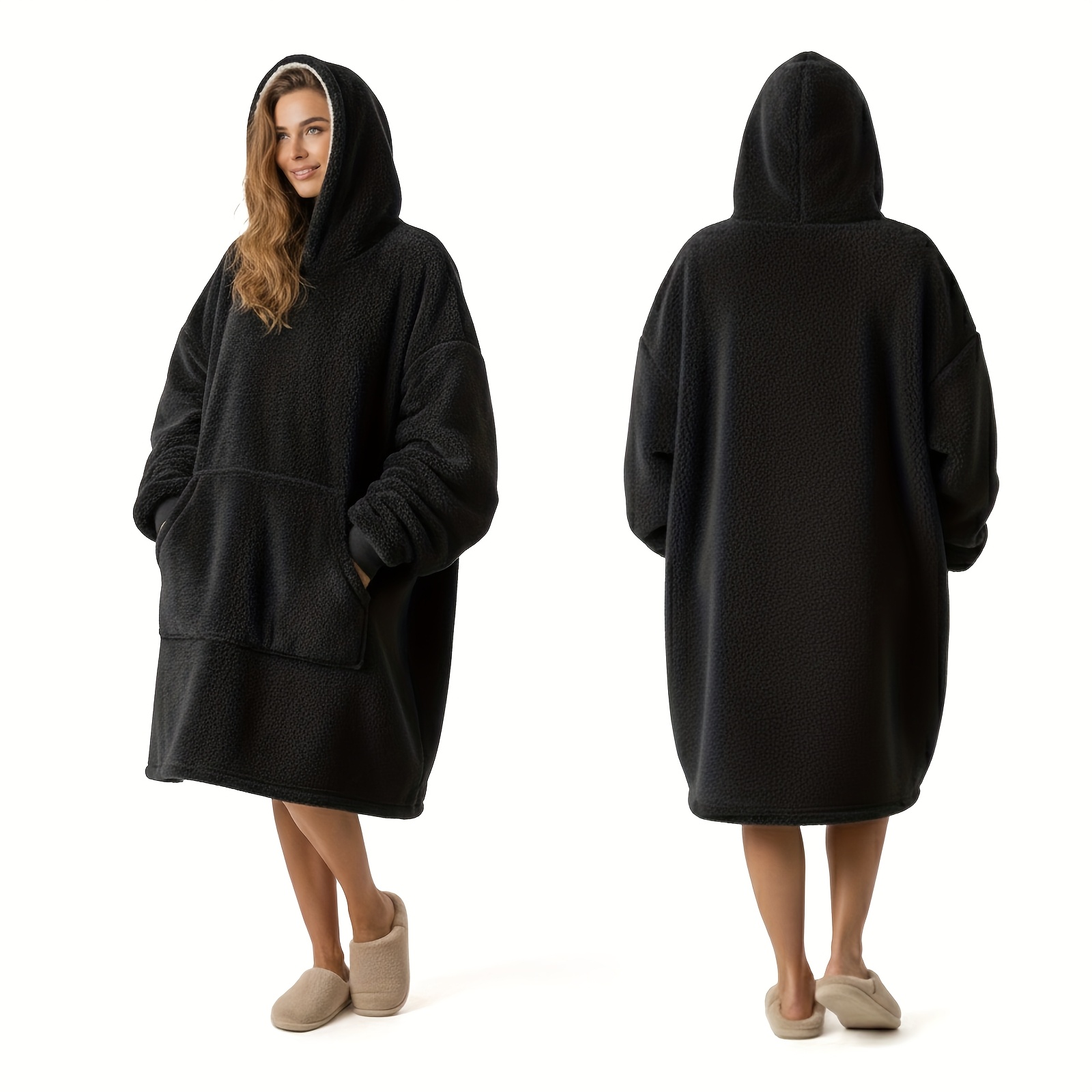 TEMU 1pc Cozy Oversized Reversible Fleece Hoodie Blanket - Plush Wearable Sweatshirt With Kangaroo Pocket, Bohemian Style Plaid Pattern, Hand Wash