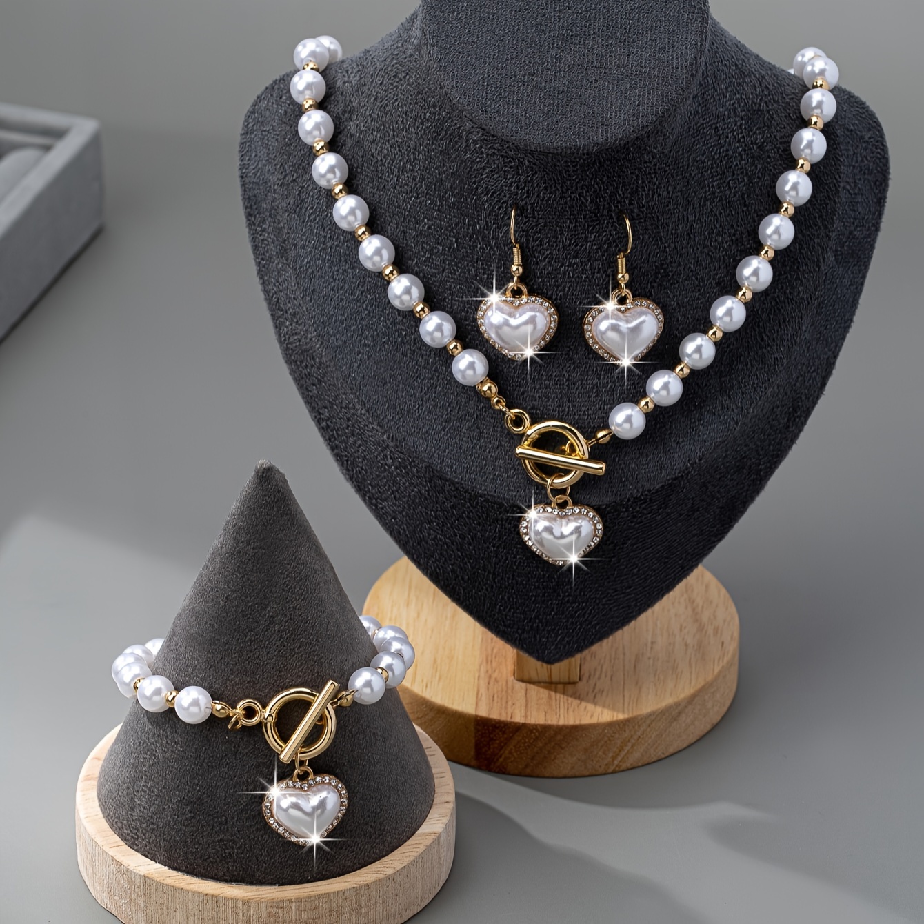 TEMU Elegant Classic 18k Golden Plated Artificial Pearl Jewelry Set With Rhinestone Accents For Women - Includes Necklace, Earrings, And Bracelet For , Banquets, Dates, And