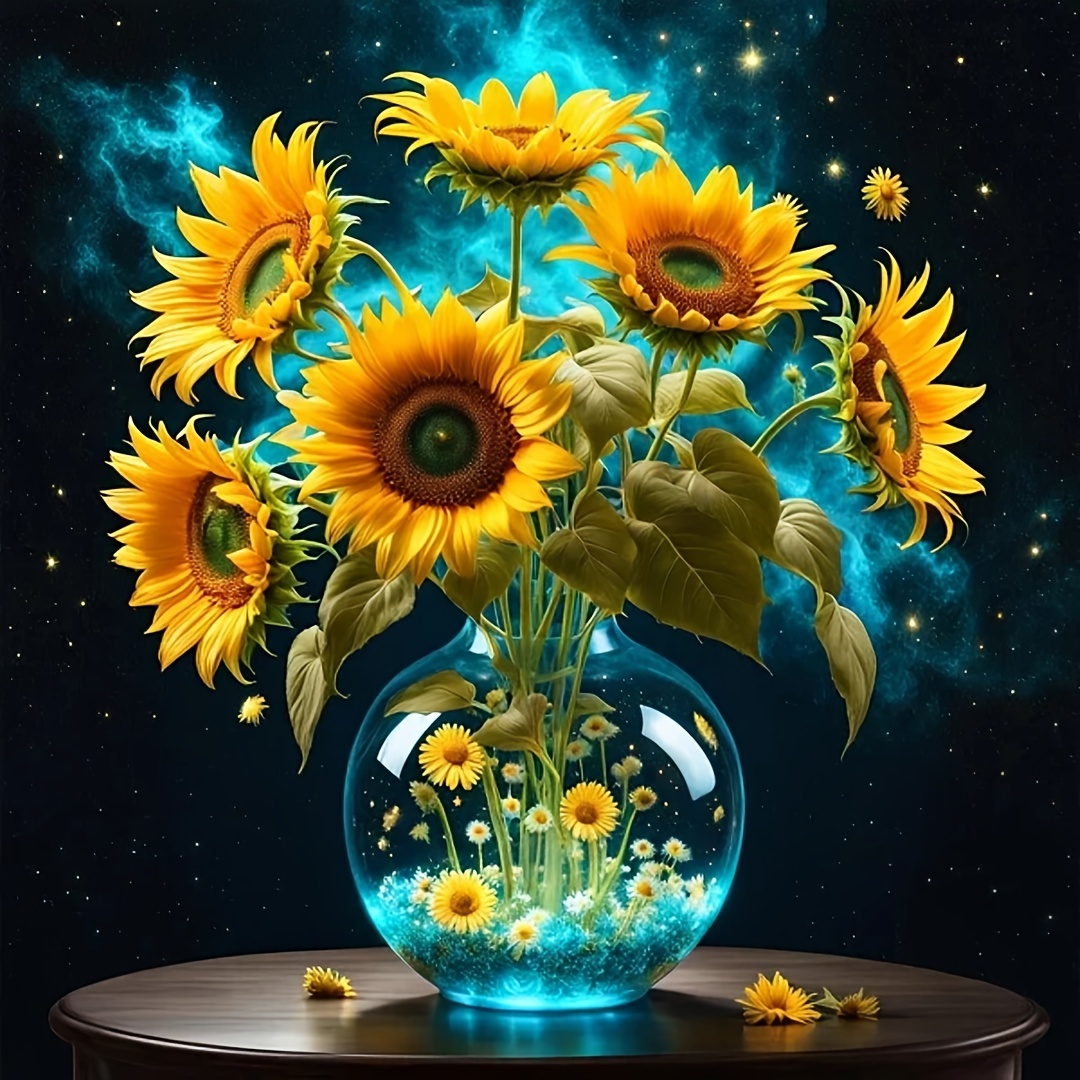 

5d Round Diamond Painting Kit Sunflower Vase Design - Full Drill Abs Diamonds Embroidery Art Craft Set For Home Room Decor, Diy Diamond Art With Complete Circular Drill Application, 30x30cm