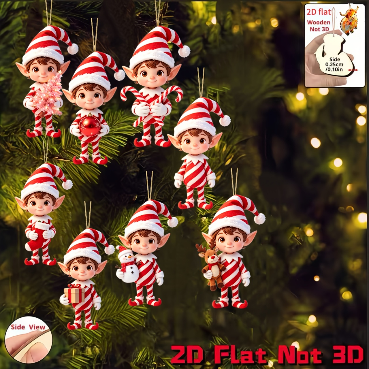 TEMU 2d Flat, 8pcs Set, 2d Embossed Wooden Material Home Pendant, Christmas, Mother's Day, Father's Day, Elf Pattern Wearing Christmas Striped
