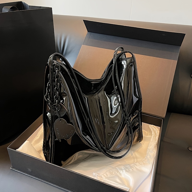 Image of Women's High Quality Glossy Patent Shoulder Bag - Solid Color Tote With Magnetic Closure, Decorative Tassel & Fixed Strap,lined For Travel, Shopping, Work (white/red/black)