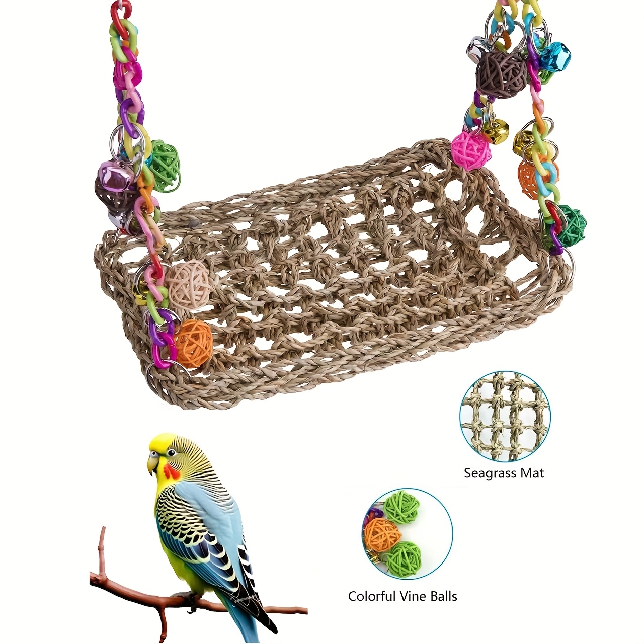 1 Parrot Acrylic Swing Stand, Rattan Ball Colorful Chain Double Layer Swing, Climbing Net Hammock, Educational Bird Supplies, Bird Cage Additions, Parrot Toys, (All Additions Are Randomly Assembled in Color) - Image 6