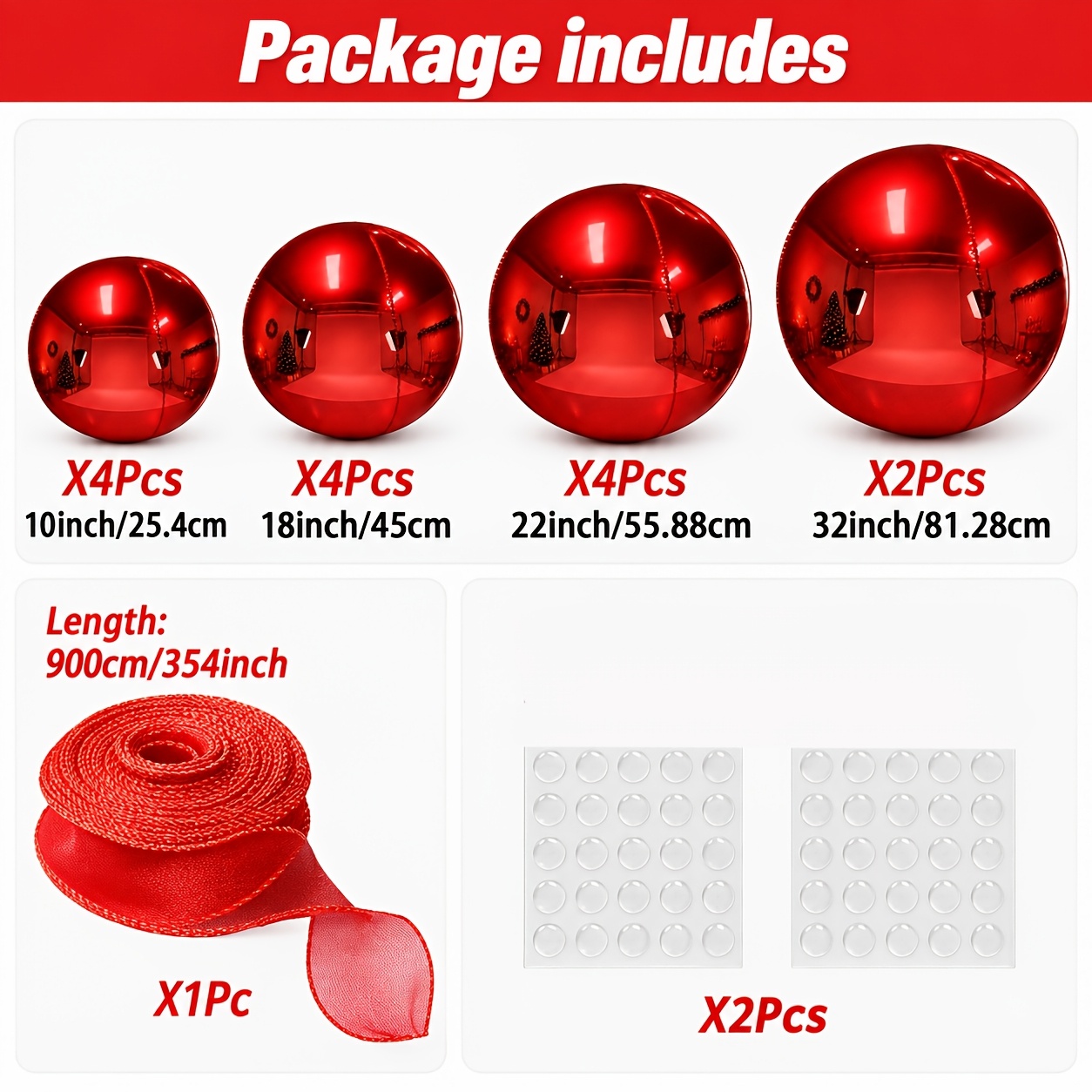 TEMU Set di 17 palline decorative rosse in lamina con nastri, due palline aggiuntive con punti di colla, adatte per Natale, matrimoni, decorazioni di