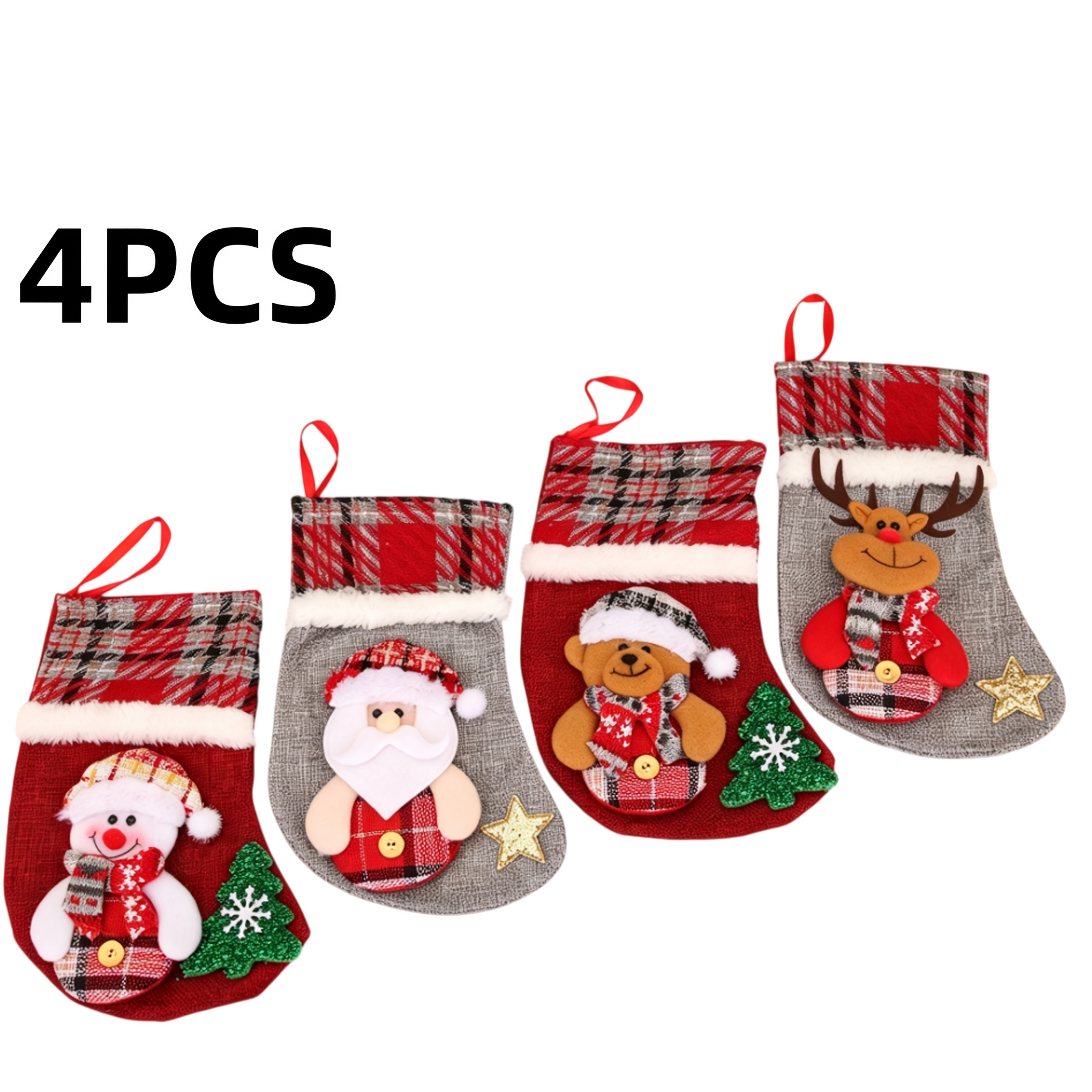 TEMU 4pcs Retro Christmas Stocking Set With Reindeer, Snowman, Santa & Bear Patterns - Medium Hanging Ornaments Suitable For Fireplace Decor, Tree