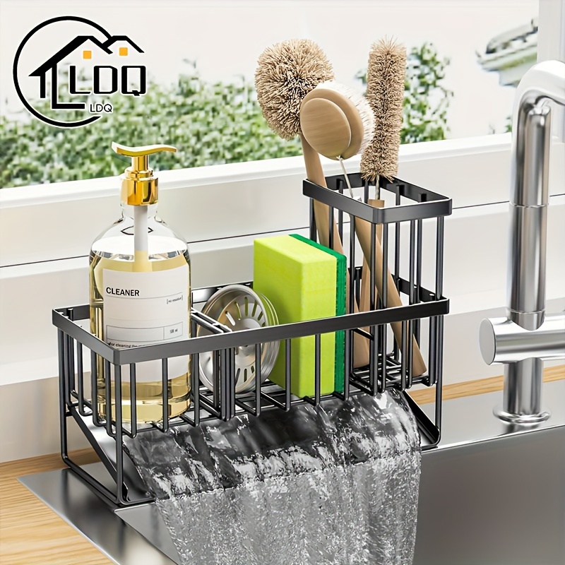 

Ldq Kitchen Sink Caddy Organizer - Freestanding Carbon Steel Sponge And Brush Holder With Divider For Dishwashing Accessories Storage