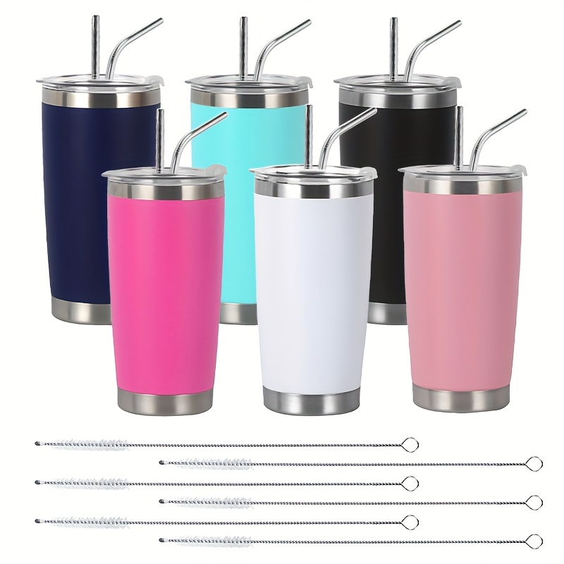 TEMU 6pcs, 20oz Stainless Steel Insulated Tumblers - Double Wall Vacuum Water Cups With Lid And Metal Straw Bulk For Hot & Iced Coffee Drinks Travel