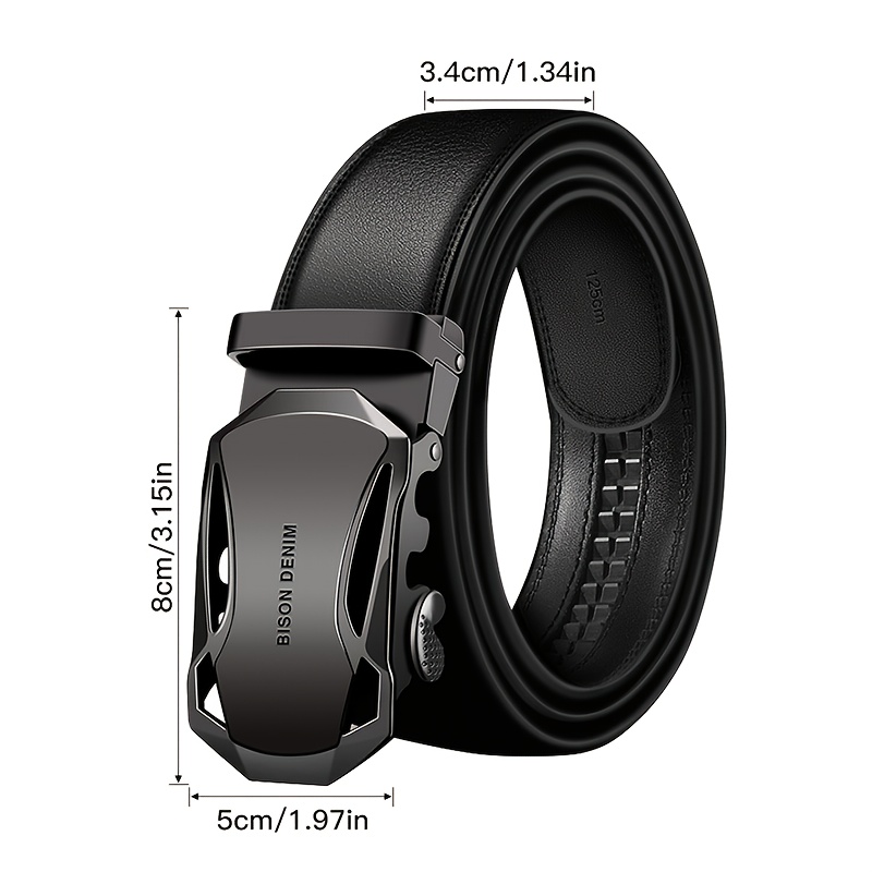 BISON DENIM Men'S Automatic Buckle Casual Belt | Second Layer Cowhide, Business Formal, Daily Multi-Functional, Adjustable, Genuine Leather, Zinc Alloy Golden Buckle, Gift Box, Suitable for Valentine'S Day and Christmas Gift