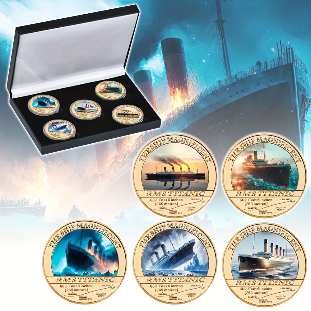 

5pcs Rms Golden Commemorative Coin Set - Collectible Iron Souvenir With Ship Designs, Includes Elegant Black Display Case - Ideal Christmas Gift For Nautical Enthusiasts And History