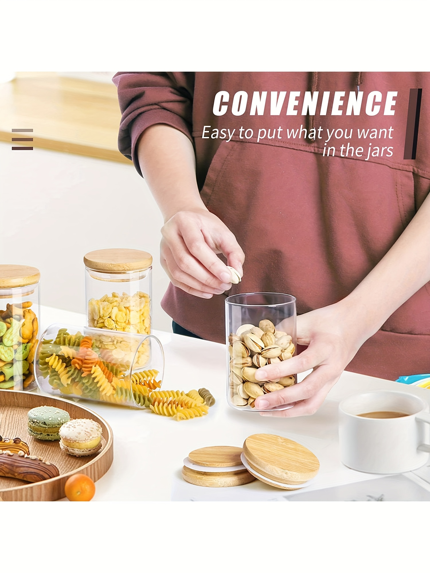 Tarros de Almacenamiento de Granos con Tapa Redonda de Madera, Tamaños 185ml/250ml/325ml, Ideales para Café y Especias, Disponibles en Juegos de Seis/Ocho/Diez