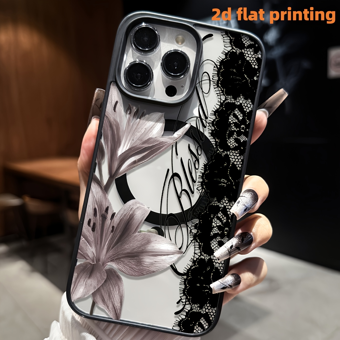 TEMU Phone Case - 2d Flat Printing Phone Case - 1pc Black Lace Gray Lily Magnetic Wireless Charging Anti-fall Protective Soft Case, Suitable For