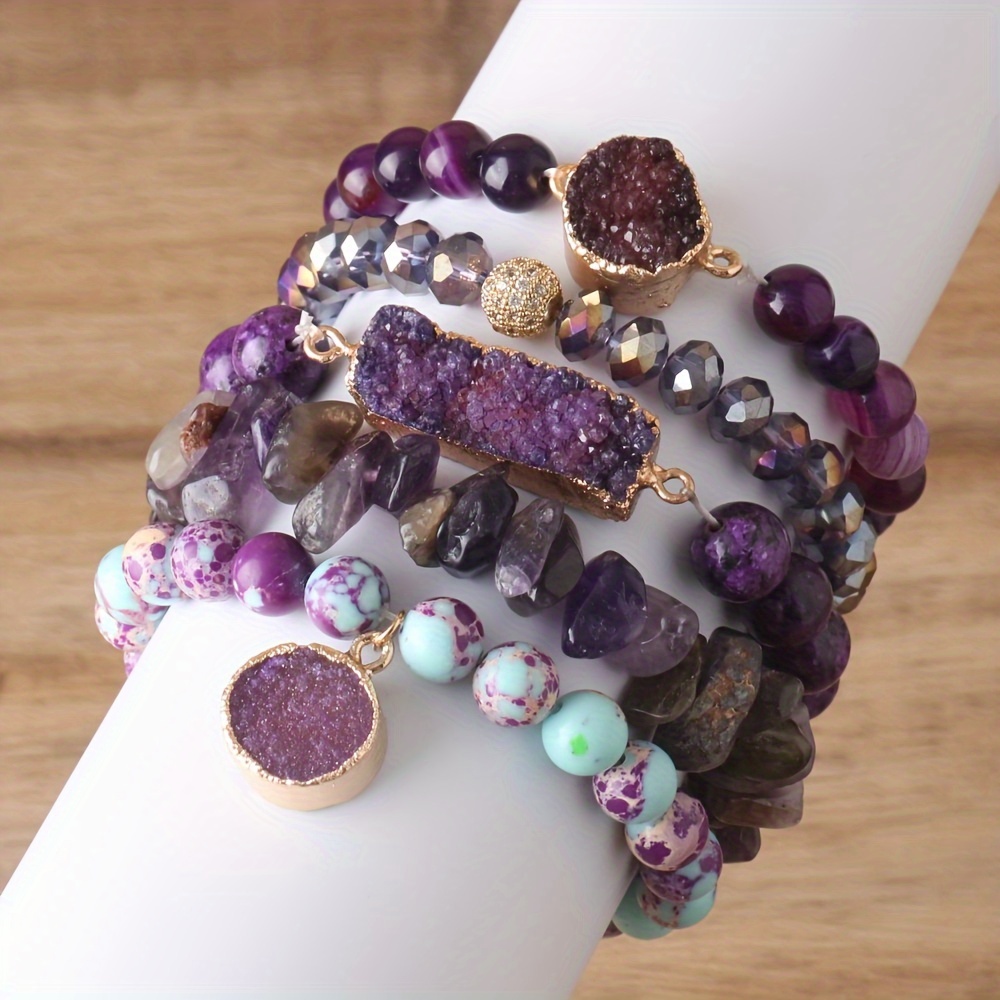 

5 Pcs Set Of Exquisite Purple Beads Design Bracelet Bohemian Elegant Style Suitable For Women Stackable Hand Decor
