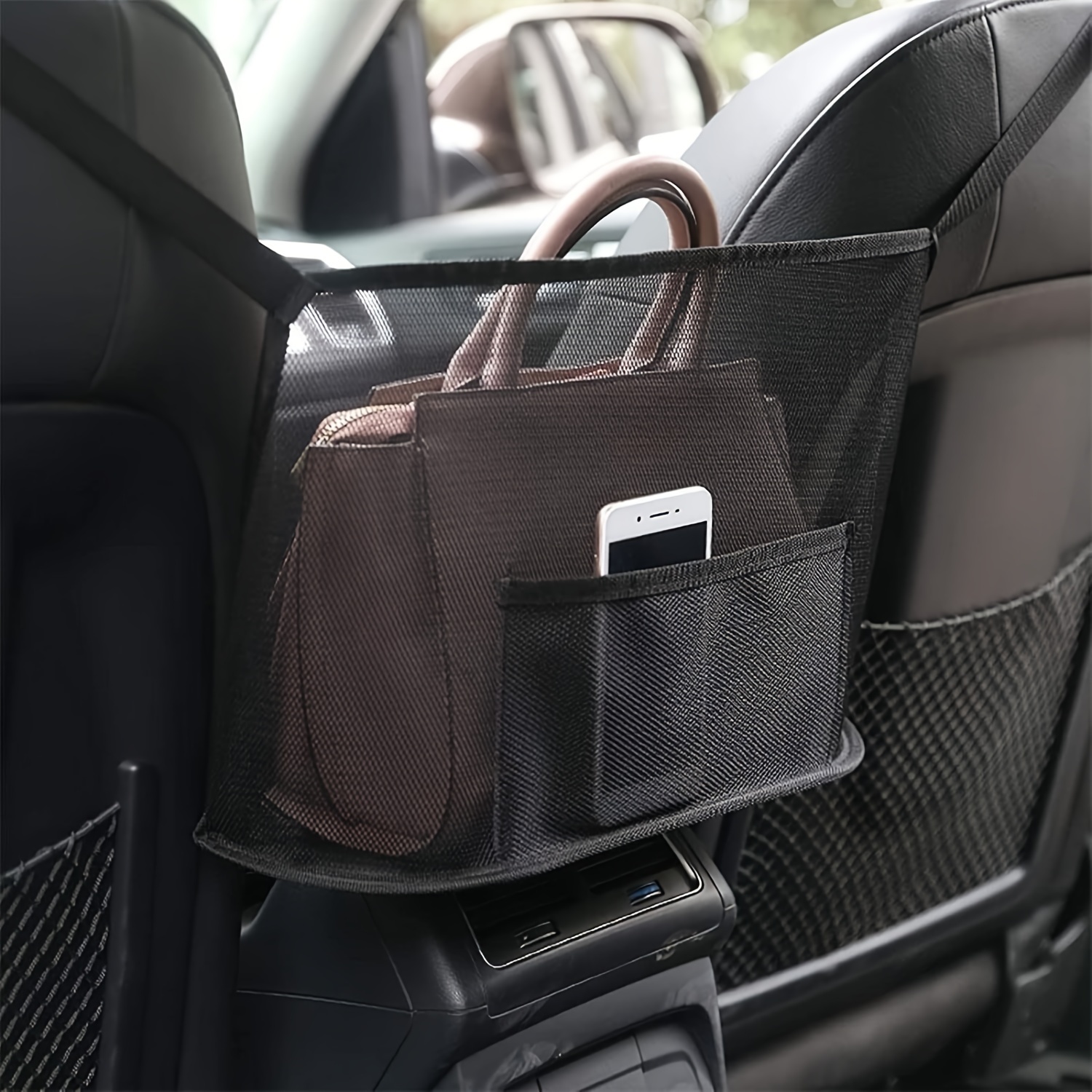 

Car Seat Organizer - Polyester Mesh Handbag Holder, Black Storage Net For Bags, Phones &