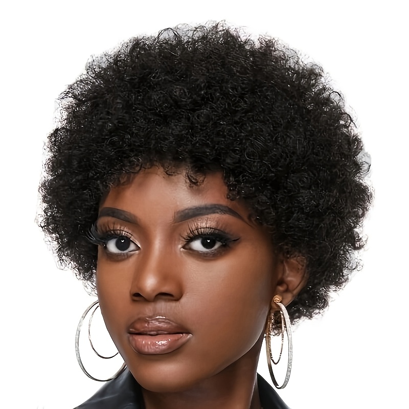 TEMU Korte Afro Krullend Haar Pruik met Pony, Basic Afro Krullend Cut Basic Stijl, Dichte Menselijk Haar, Volledig Machinaal, Non-Lace Gemakkelijk te