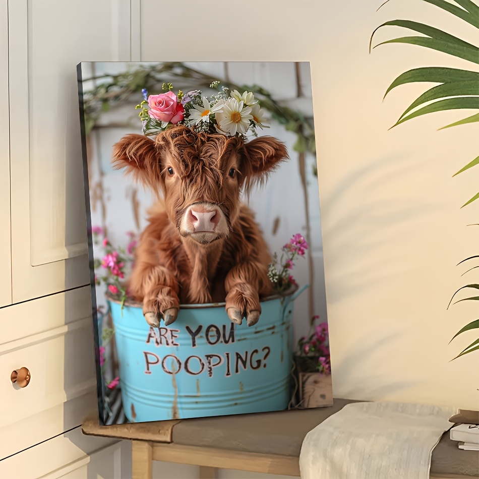 

1pc Wooden Canvas Painting Highland Cow & Flowers Wall Art Prints For Home Decoration, Living Room, Bedroom, Bathoom & Bathtub, Festival Party Decor, Gifts, Ready To Hang