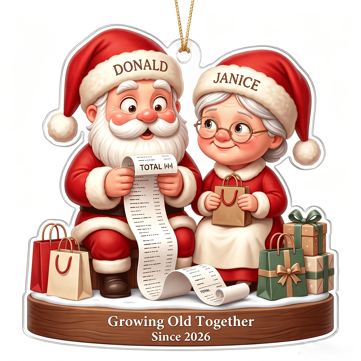 TEMU 2d Flat Personalized Growing Old Couple Christmas Ornament, Customizable Names And Year, Santa Couple Checking Gift List With Gift Bag, 2d Flat