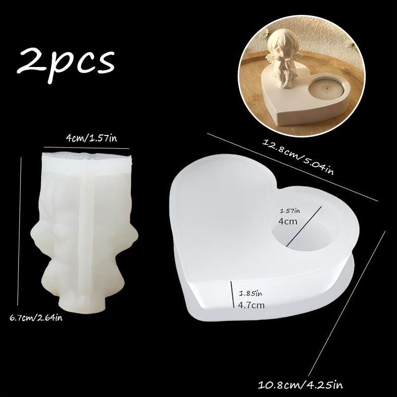 2pcs Resin Silicone Mold Set Heart-shaped Candle Holder Mold With Face-resting Figurine Mold Resin Silicone Molds Winged Silicone Mold Christmas Candle Silicone Mold Craft Molds Home Decor