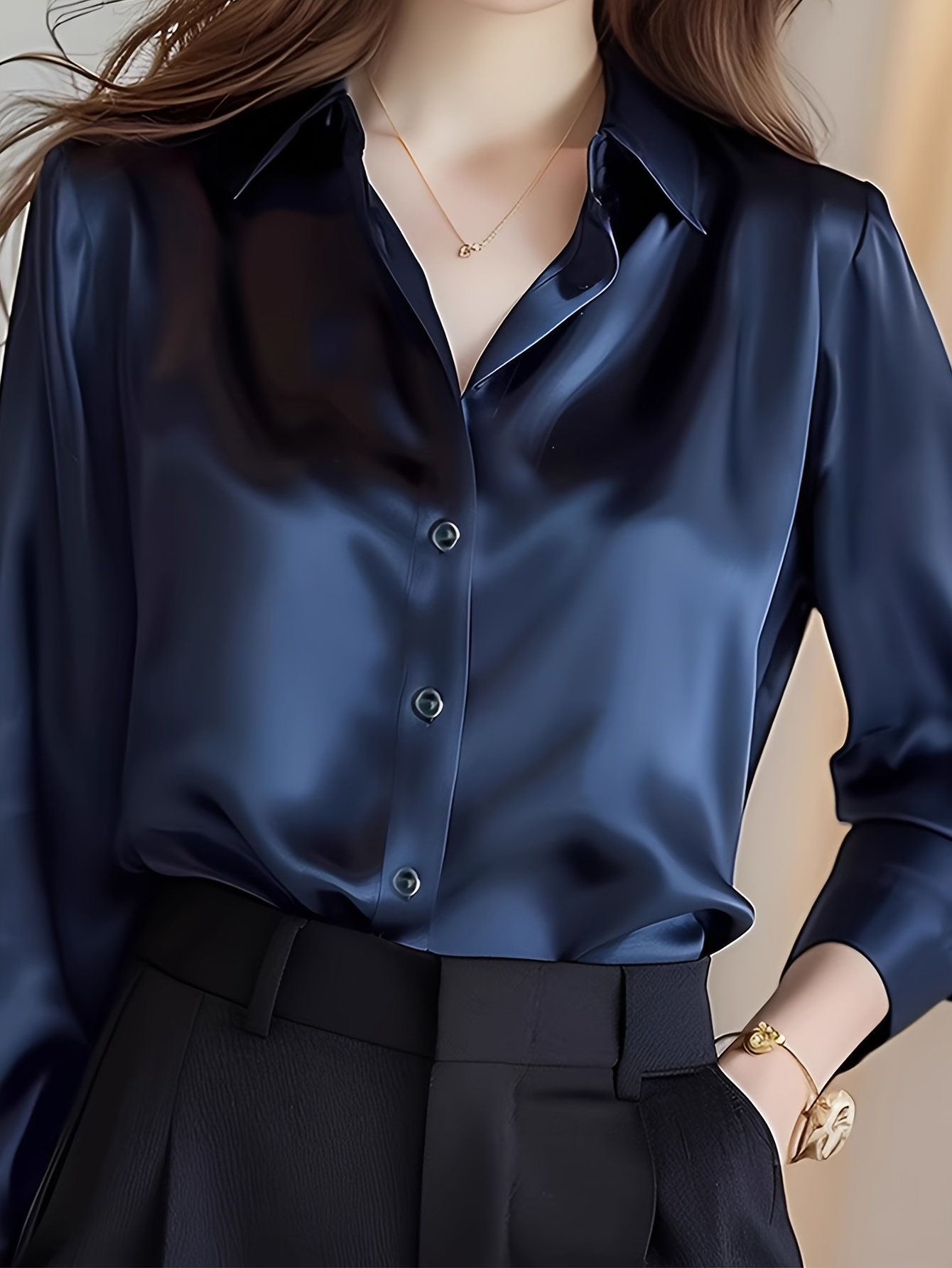 blue acetate satin shirt womens autumn winter a high end Temu