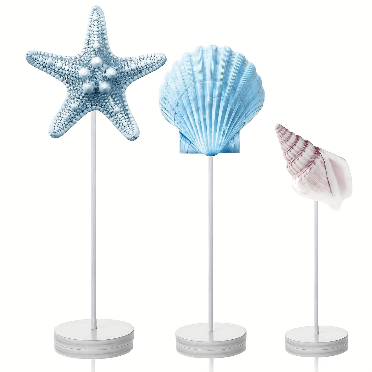 TEMU 2d Flat, 3pcs, Summer Ocean Theme Wooden Plaque And Ornaments, Standing Starfish Shell Snail Desktop Home Decor Country Style Table Centerpiece