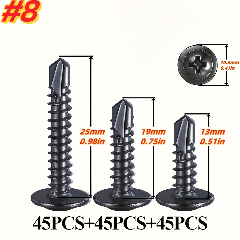 TEMU 135pcs Black Head Self-drilling Screws With Cross-drilled Tails, Cross Large Head Drill Dovetail Screws, Available In 3 Lengths: #8×1/2",