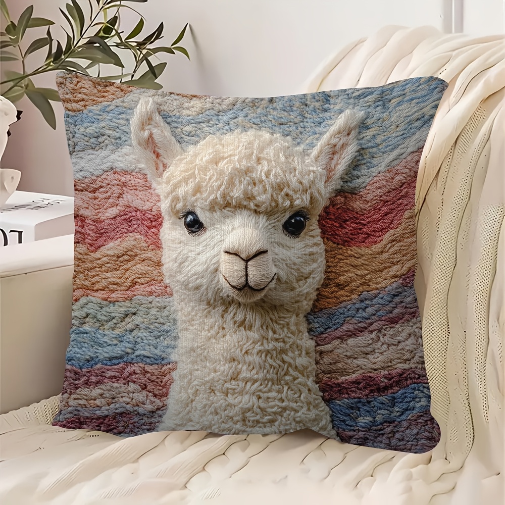 

1pc Vintage Alpaca Design Short Plush Pillow Cover, 18x18 Inch, Double-sided, Hand Wash Only, Woven Polyester Decorative Cushion Case For Living Room And Bedroom - Dcad0036