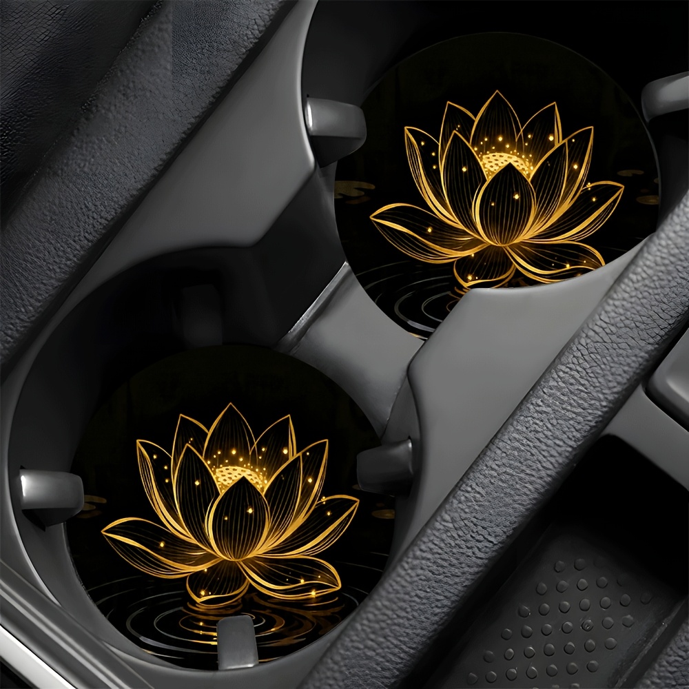 TEMU 2 sous-verres dorés pour voiture avec motif "Lotus dans " - Antidérapants et durables, avec mignons et cool, parfaits pour l'ameublement