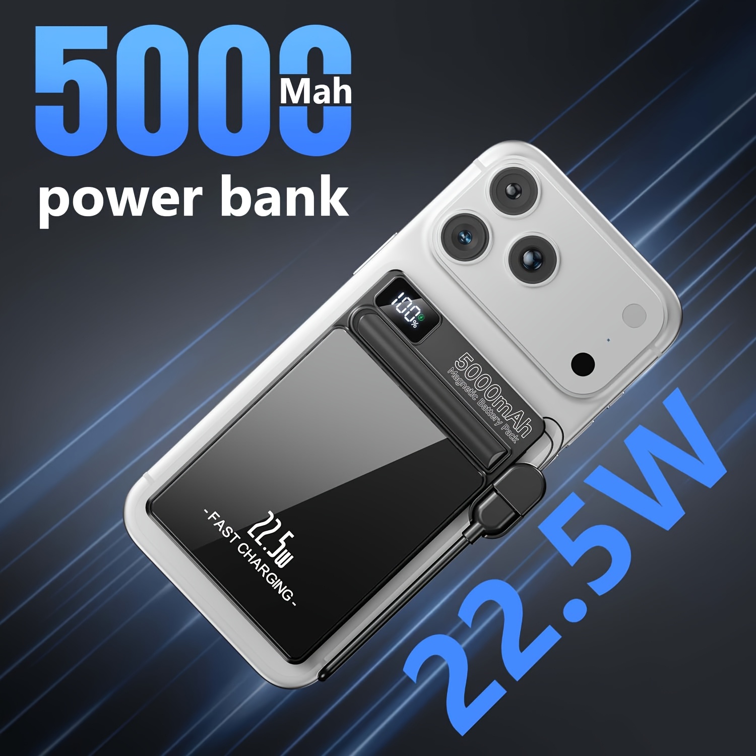 5000mah Magnetic Ultra-thin Power Bank Features A Built-in Data Cable, A Lanyard, An Led Display, And Supports Usb-c Data Cables And Stands. Suitable For Travel, Work, And As A Gift