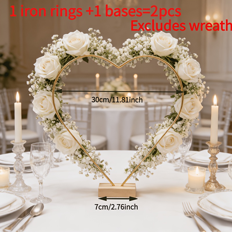 E-shop Goldener herzförmiger Kranzständer mit Holzsockel, Kranzständer ohne Blumen, Metallreifen-Tisch-Mittelstück, geeignet für Hochzeiten,