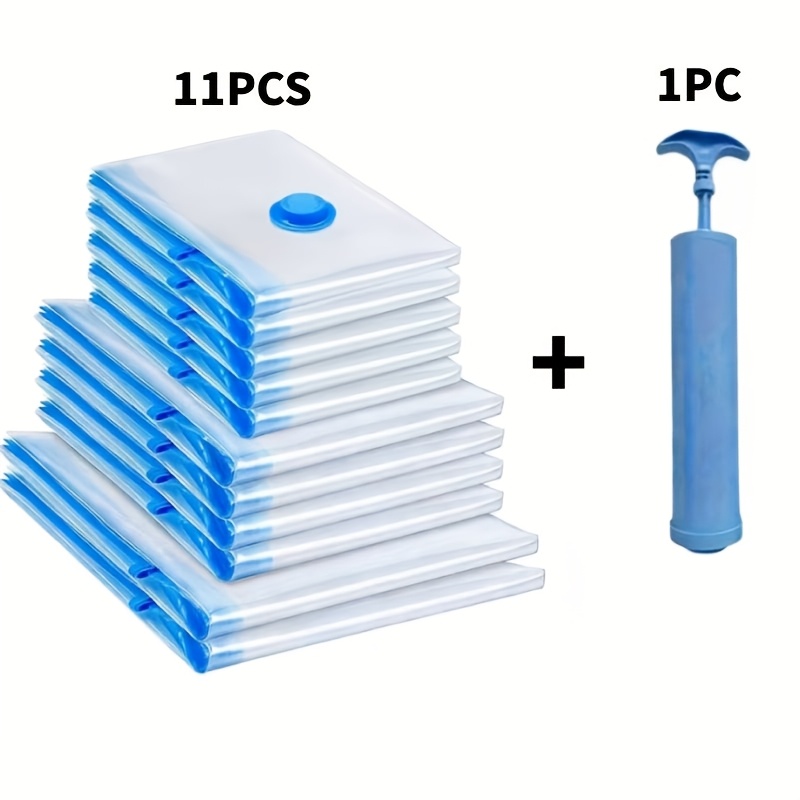 TEMU 12pcs(2 Large+4 Medium+5 Small+1 Manual Pump) Portable Vacuum Compression Bag, Storage Bag, Storage Bag, Suitable For Bedding And Clothes,