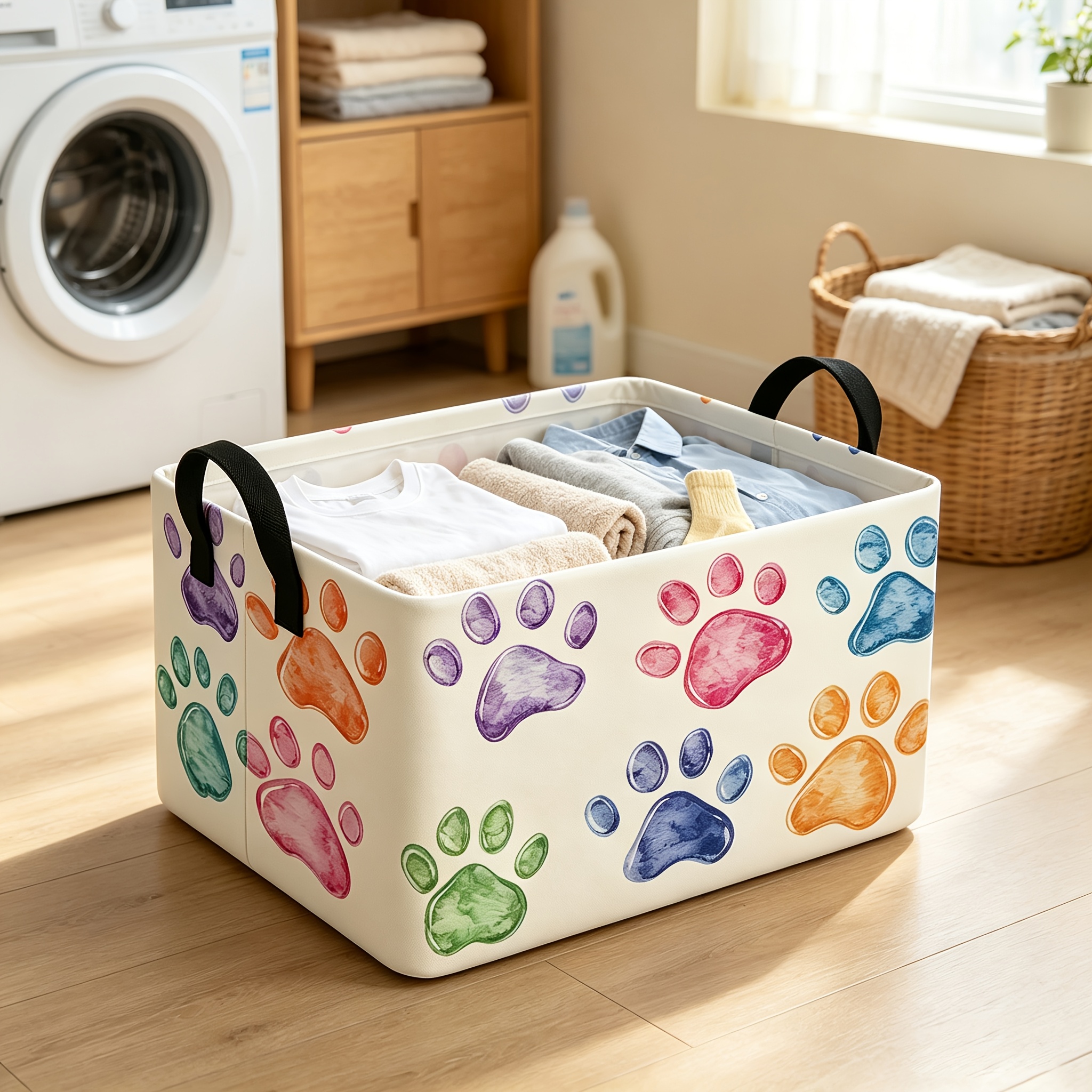 TEMU 1pc Colorful Watercolor Paw Print Storage Basket, Pet Supply Organizer With Handle, Foldable Laundry Basket, For Room Decoration, Book