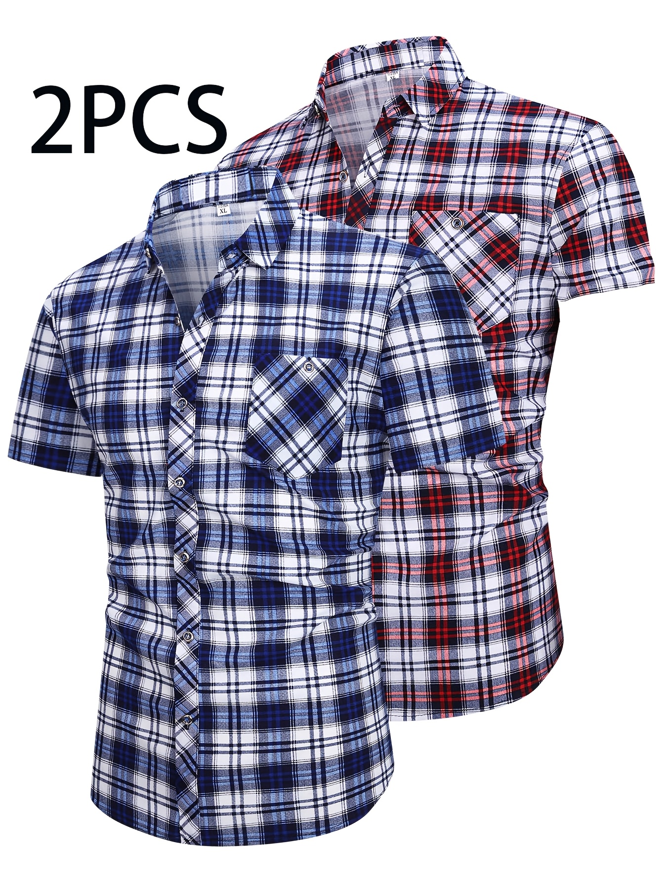 two pc mens short sleeve button shirts plaid button front suitable for outdoor casual wear compressible water washable button collar shirts for parties training fishing portable basic plaid blouse for daily use