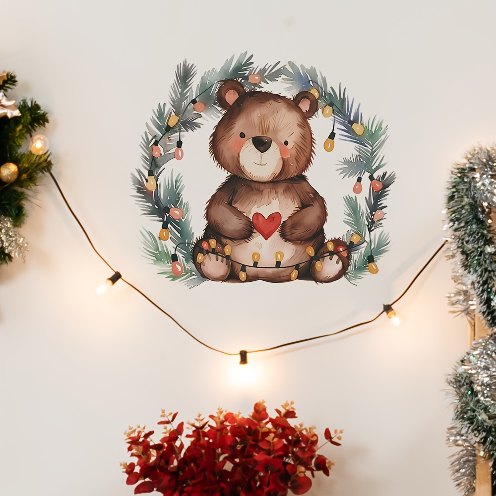 Image of 2d Flat Printing Christmas Bear Wall Decals Pine Wreath & Lights Stickers Waterproof Self-adhesive Decor For Bedroom, Removable Holiday Decals Stickers 35*39cm/13.8*15.4inch, 2d Flat
