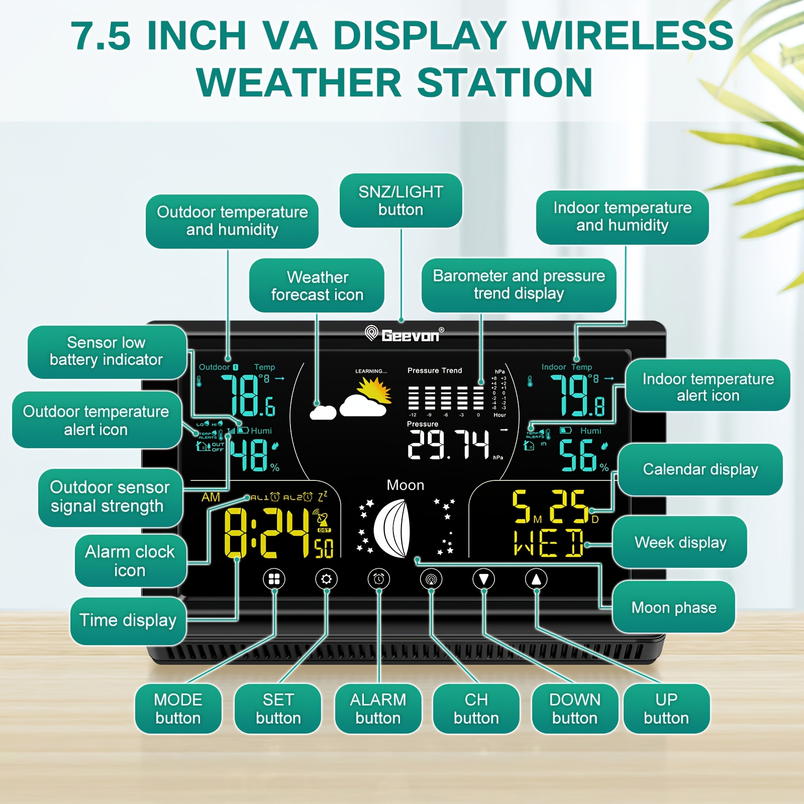 Image of Geevon 7.5-inch Large Screen Wireless Indoor/outdoor Thermometer And Hygrometer, Featuring , , Touchscreen Lcd Display, Digital Weather Thermometer With Alarm And Adjustable Backlight